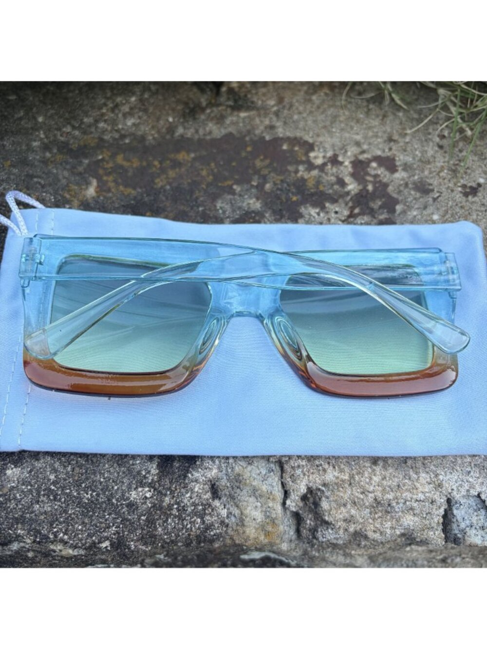 Oversized Square Gradient Sunglasses Blue Amber Ombre Retro Festival Sunnies - Picture 14 of 16